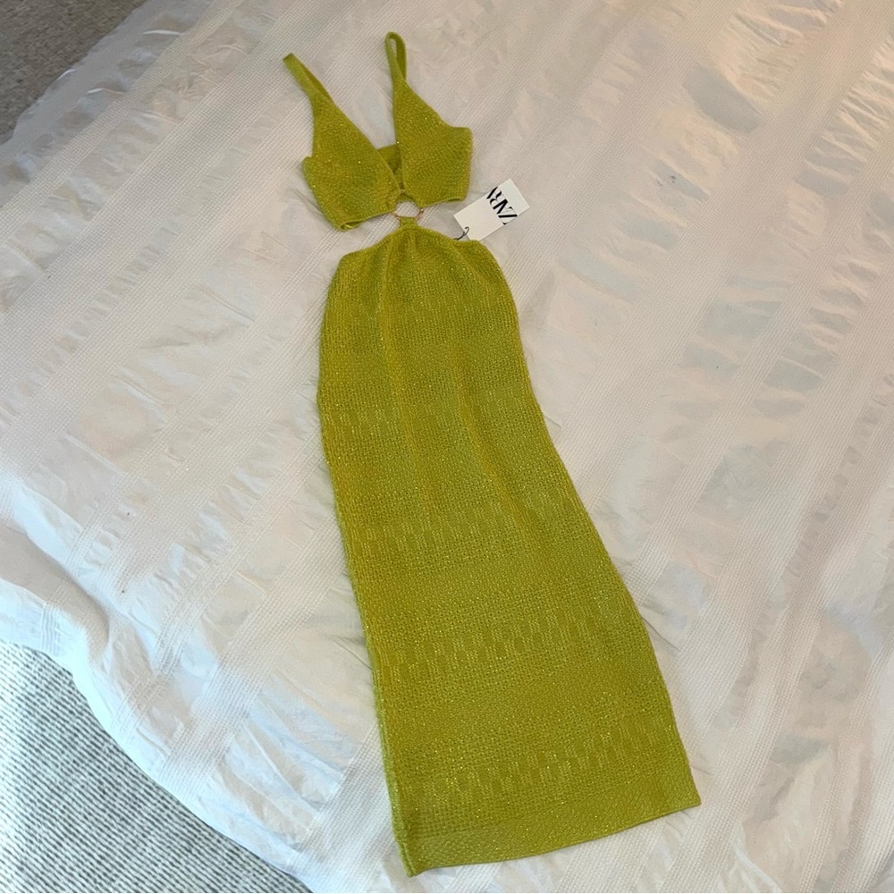 Zara Lime Green Knit Cutout Midi Dress